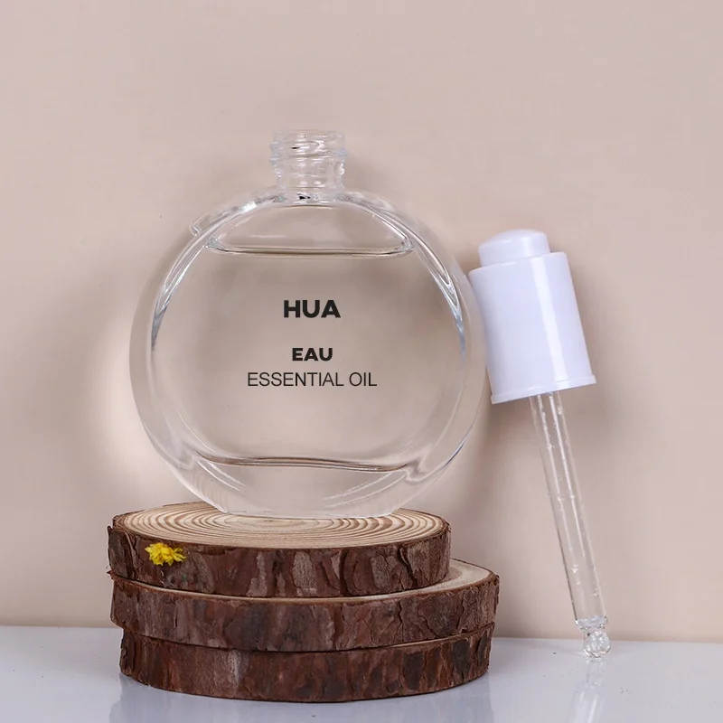 50ml flat round hot sale glass serum cosmetic essential oil dropper bottle with pump