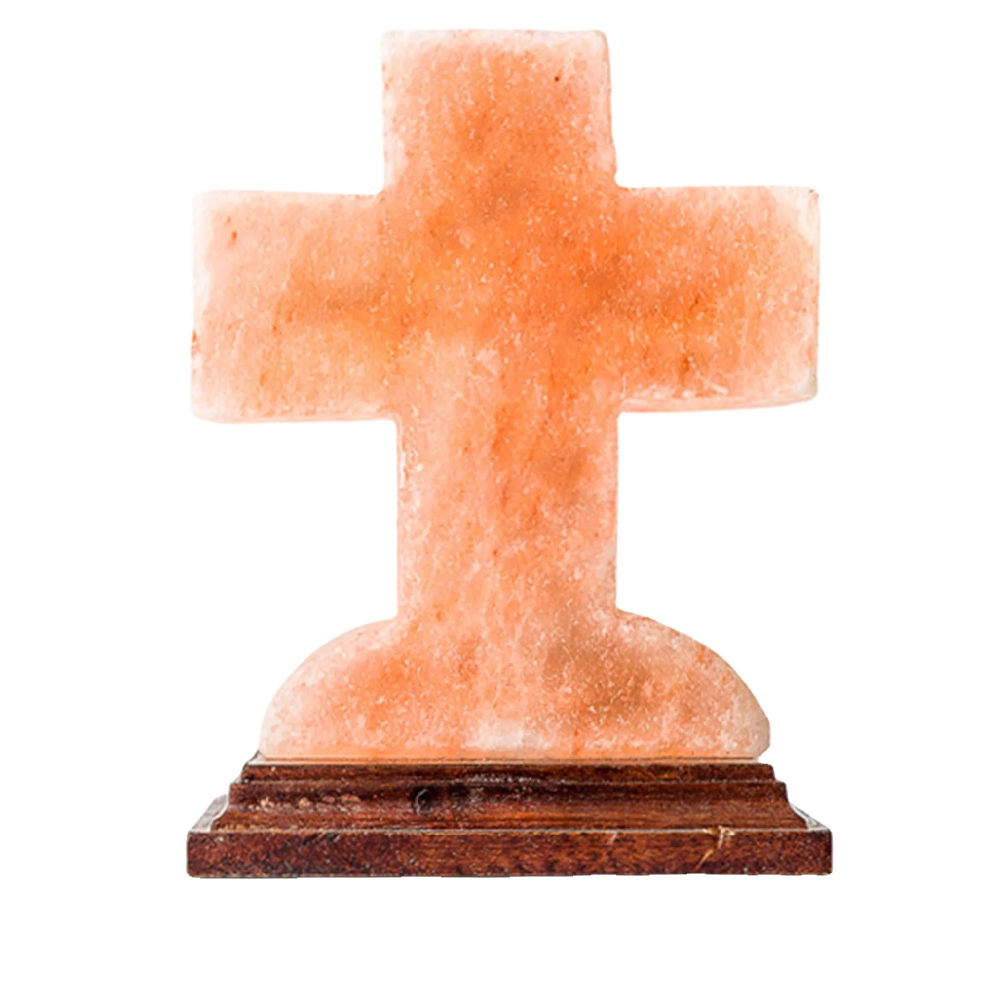 Handcarved Crystal Pink Dreamcatcher Cross Shaped Holy Design Rock Salt Lamp with Premium Quality Wood Base and Power Cable