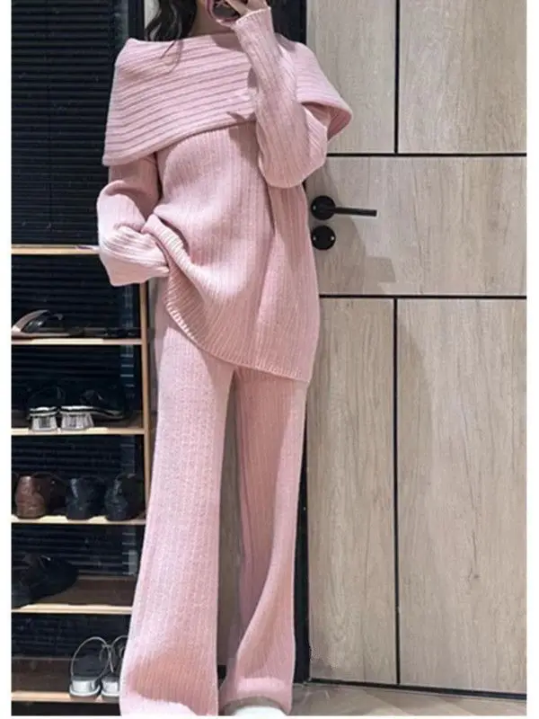 New 2024 classic off-shoulder sweater casual wide-leg pants two-piece suit sweater sets outwear ladies warm knitted set