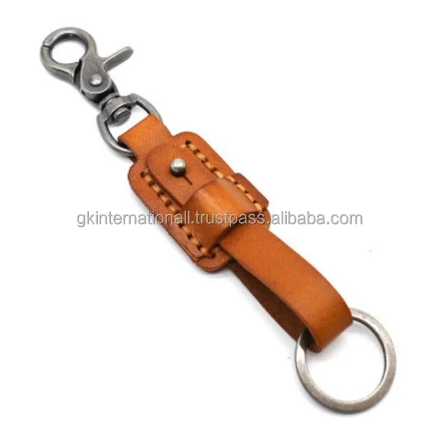 Genuine Leather Personalized handmade leather key chain silver antique heavy ring & clip in 3 variant colors at wholesale price