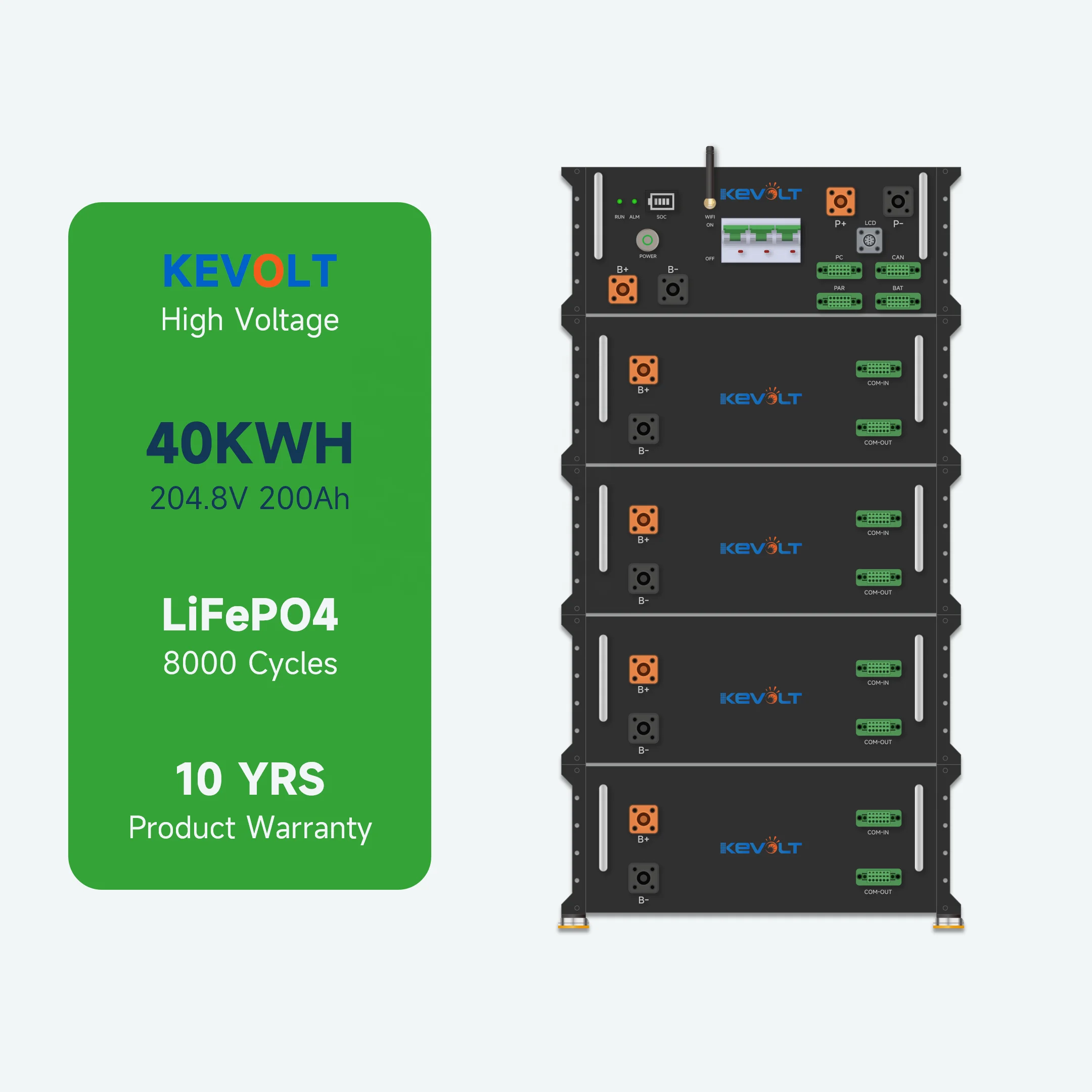 KEVOLT High Voltage Rack Battery 51.2V Mounted Battery HV Energy Storage Systems 204.8V-563.2V Voltage Optional