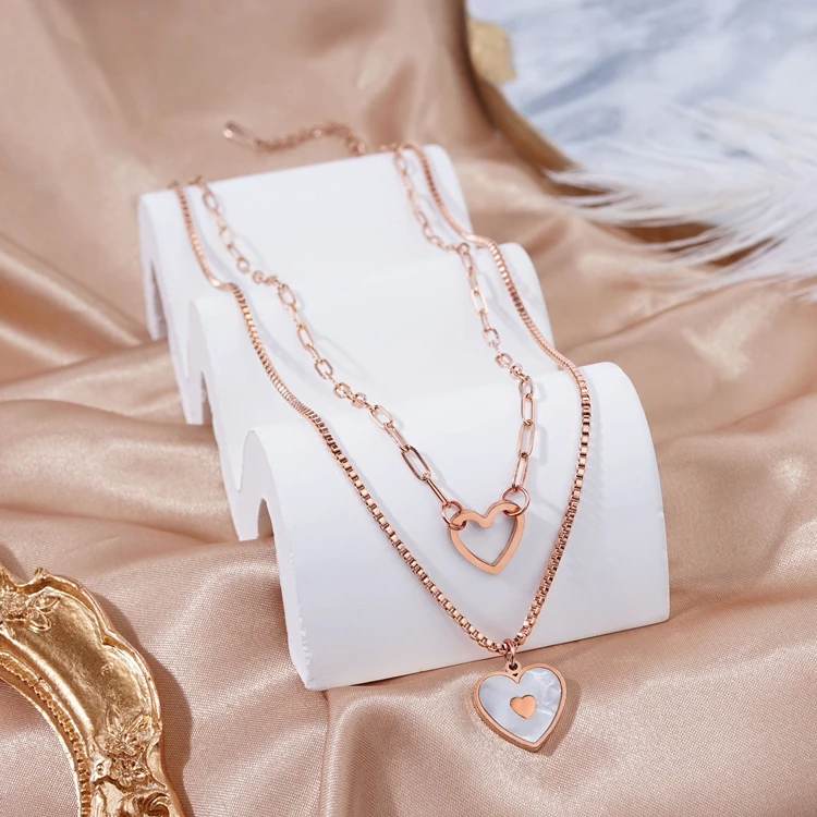 18K Rose Gold Plated Double Layer Heart Necklace Stainless Steel Hollow Heart Pendant Necklace Pearl Heart Necklace For Women