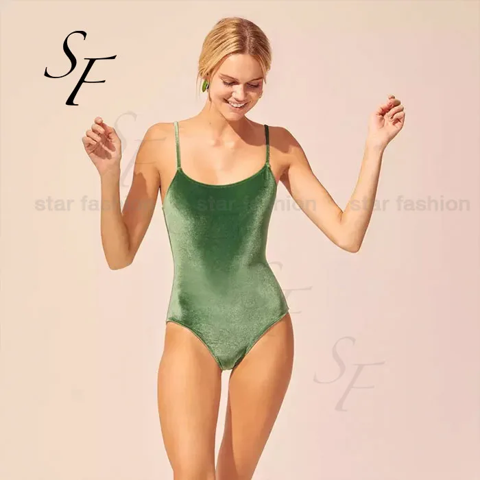 Custom summer spaghetti straps scoop neckline velvet fabric women velour swimwear sexy elegant one piece bikini swimsuit