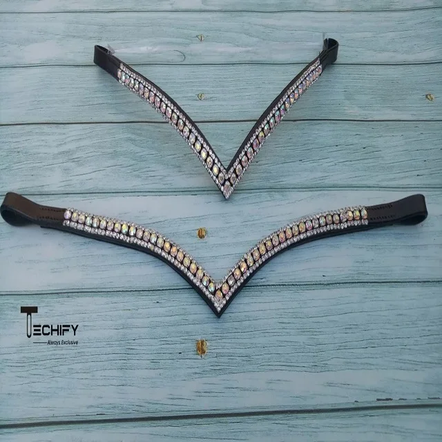 High Quality Latest Design Leather Equestrian Brow Band with Dark Blue, Frozen Blue Light Blue Rhinestones Supplier Manufacturer