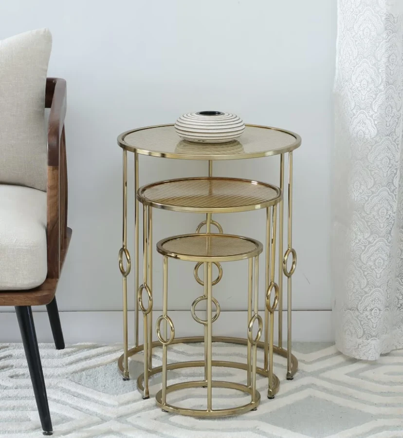 Modern Gold Finish Metal Nest Table Iron and Glass Set for Dining Hall Living Room Furniture for Home Use