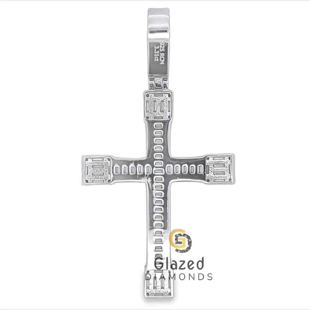 925 Sterling Silver Hip Hop Cross Pendant Adorn With Moissanite VVs Clarity Round And Baguette Cut Diamonds