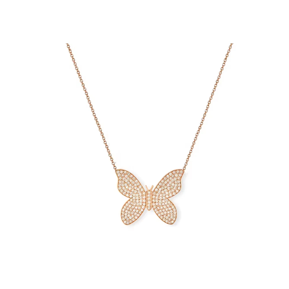 Trendy Design Solid 14K Rose Gold Natural SI Clarity G-H Color Pave Diamond Butterfly Pendant Necklace Manufacturer From India