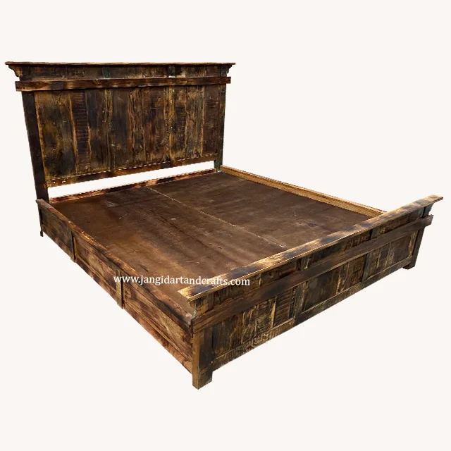 Solid Wood Burnt Finish Platform Rustic Style Home Furniture with Recycled Wood Furniture Old Wooden Mattress 180CM King Bed