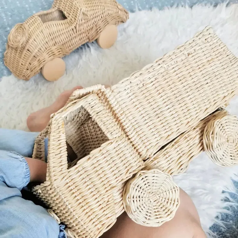 Rattan Car Toy Dump Truck Toy Rattan Baskets Natural Toys Birthday Gift Pretend Play Vietnam Manufactures FBA Amazon