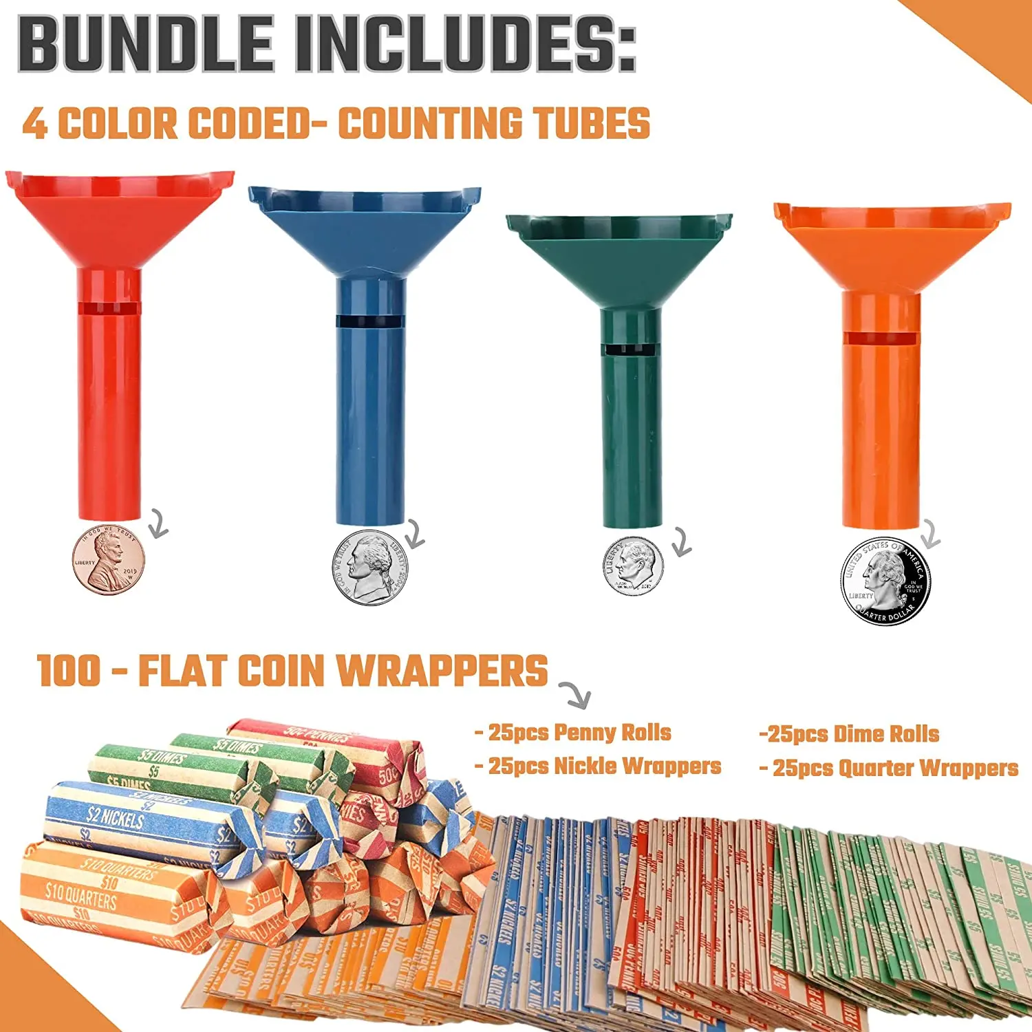 IHOMELIFE Coin Sorters Tubes Bundle 4 Color 100 Assorted Coin Wrappers