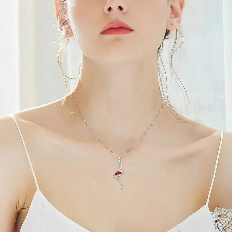CDE YP1620 925 Sterling Silver Necklace Bird Crystal Stone Jewelry Pink Flamingo Pendant Necklace For Women