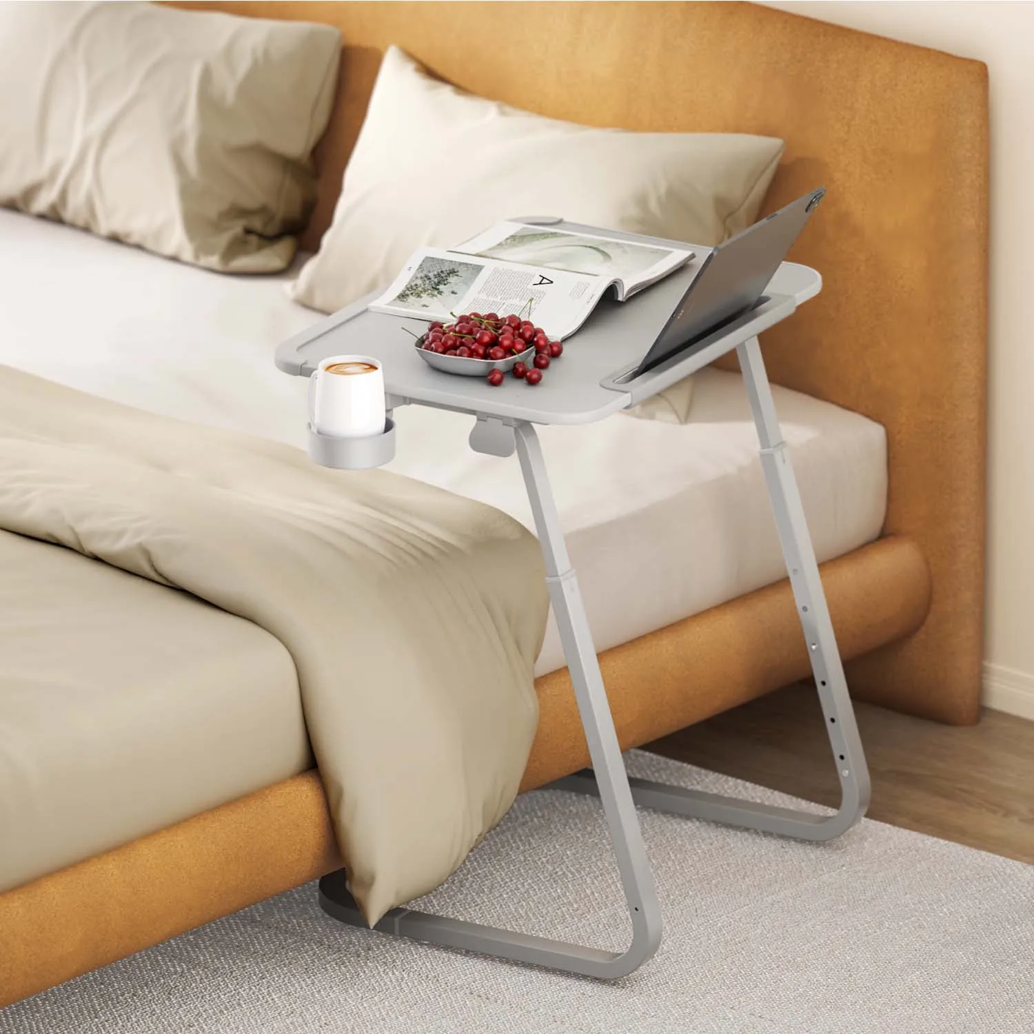 XGear New 2022 Adjustable TV Tray Table Pu Leather with cupholder tablet slot on bed sofa Folding Table for home office eating