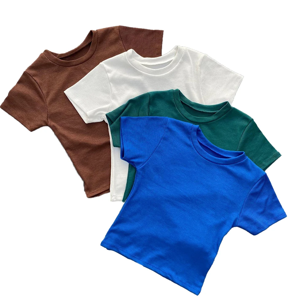 Custom Logo Short Tops For Women Ribbed Cotton T Shirt Blank Crew Neck Knit Crop Tee Top T-Shirts