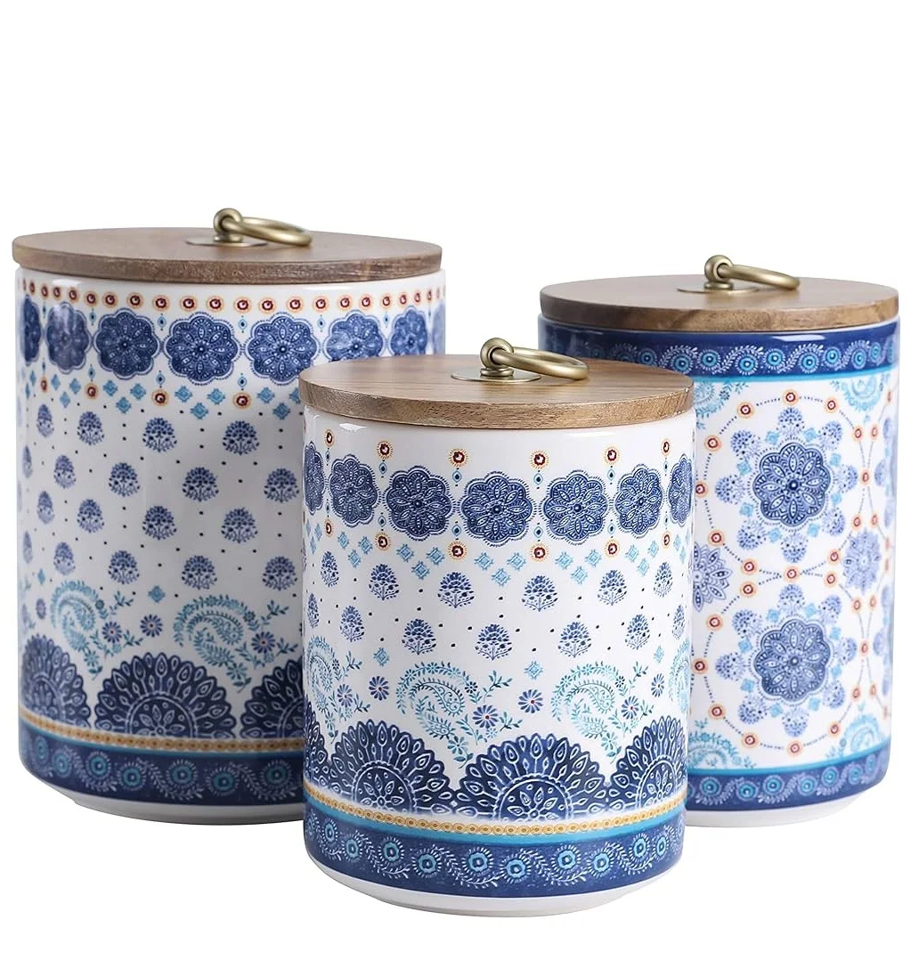 Blue Metal Canister with Wooden Lid Set Kitchen Counter Storage Jars Wooden Air Tight Lids Dishwasher Herb & Spice Tools