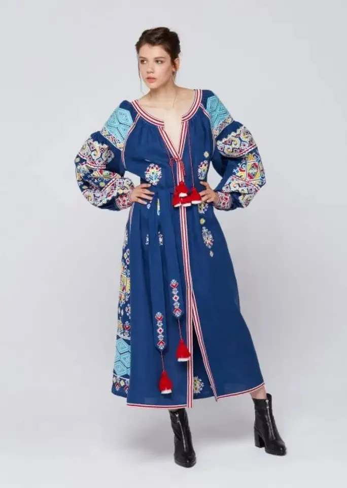 New Arrival Blue Color Dress With Ukrainian Flower Embroidery Long Puff Sleeves For Women Summer Party Favour Gift For Her