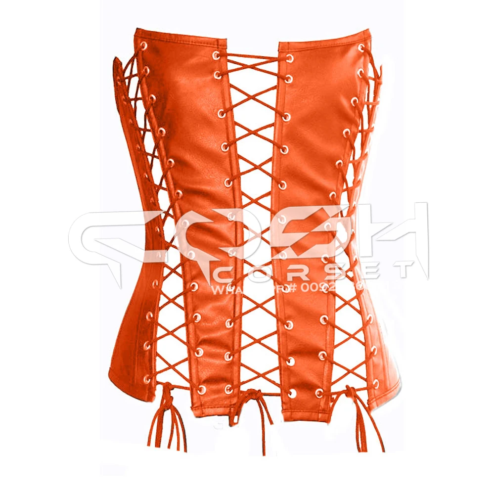 COSH CORSET  Sexy Women Club And Party Wear Over Bust Steel Boned Orange Leather Panels Laced Up Corset Dress