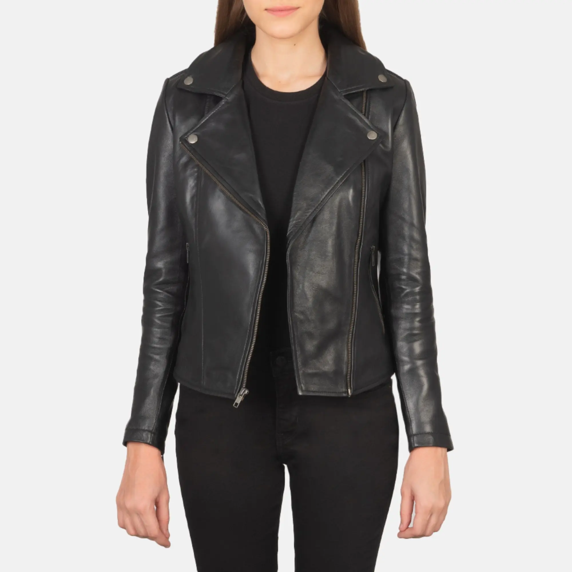 Real Leather Sheepskin Aniline Zipper Flashback Black Women Biker Jacket with Quilted Viscose Lining and Inside Outside Pockets