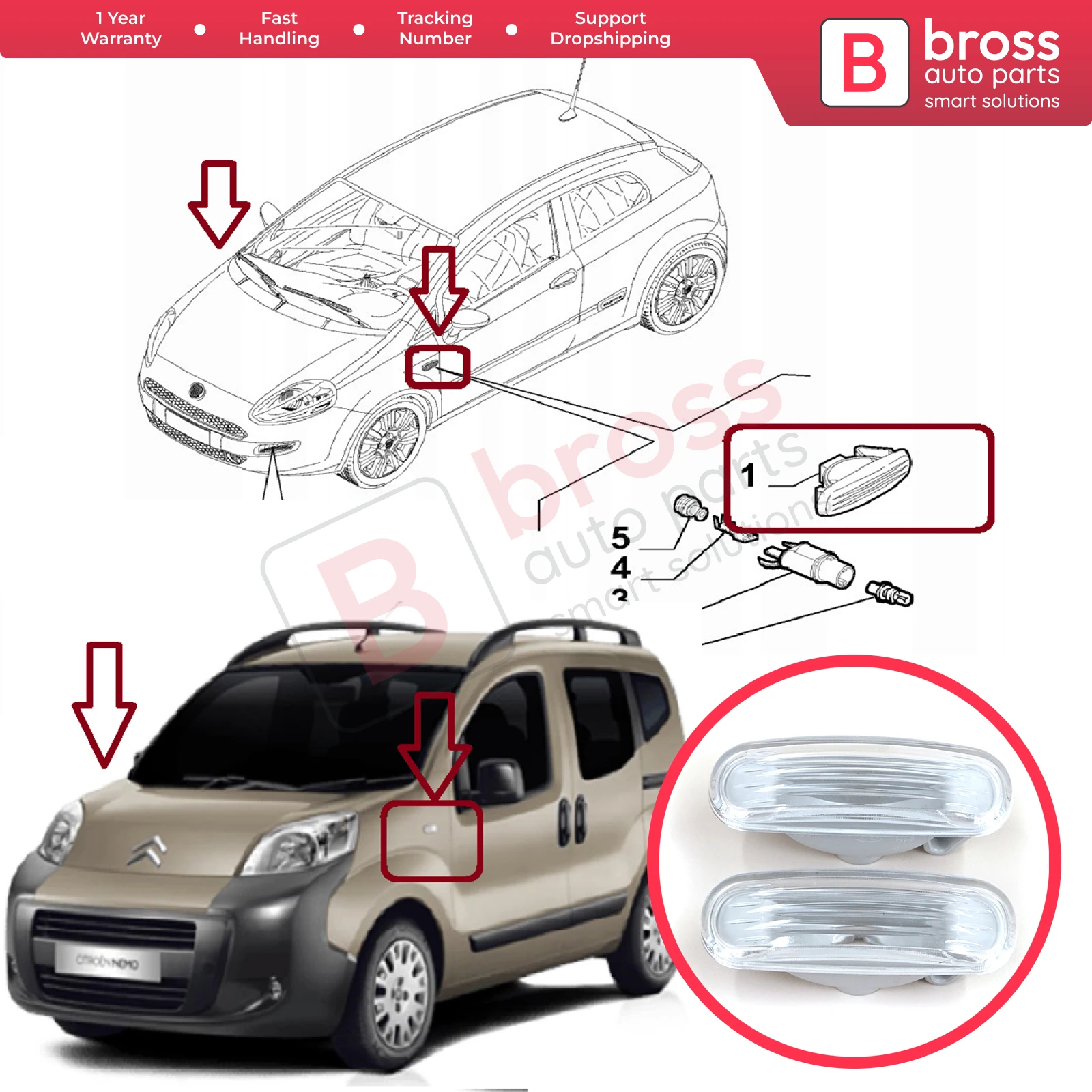 BSP1129-1 Side Flasher Indicator Repeater Lamp Signal Set White for 51942933 Bross Auto Parts Made In Turkey