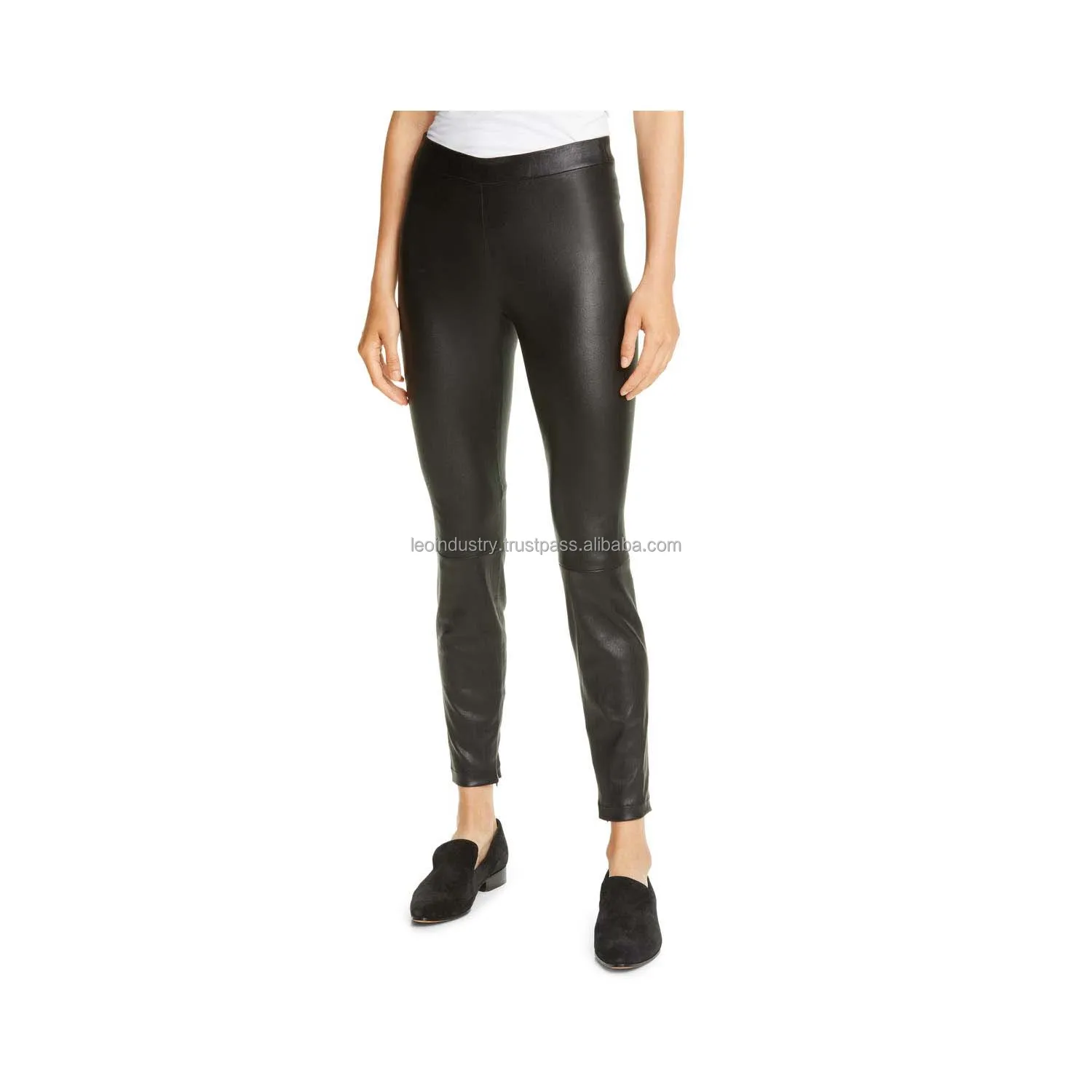 Newly Released Black Stretch Genuine Leather Pants Women High Waist Casual Sport Style Stacked Pattern PU Leather Canvas Fabric