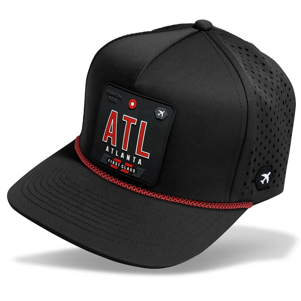 5 Panel Snapback Cap with Rope Custom Hats with Laser Cut Vented Holes PVC Badge on Front High Quality Hats BSCI Hat Vendor