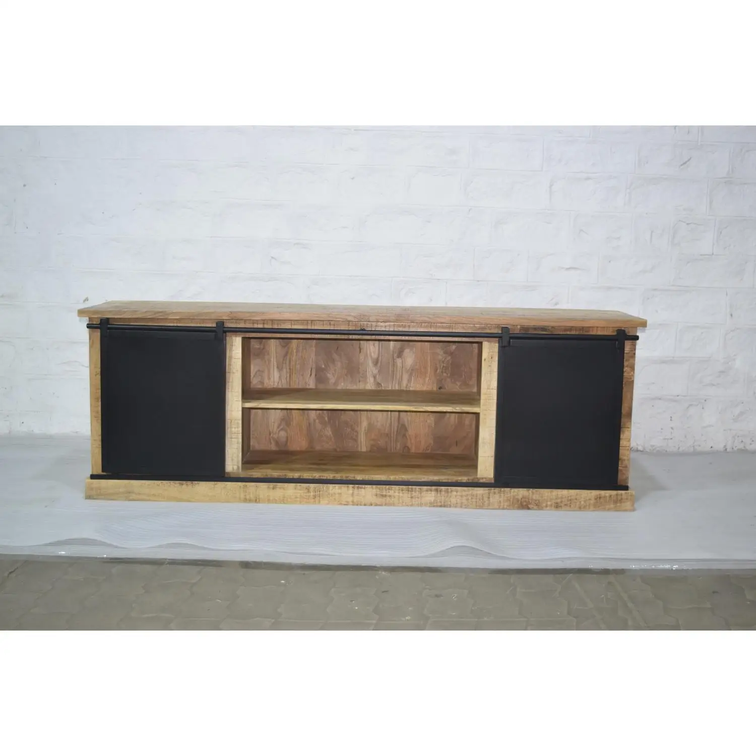 Industrial Vintage Solid Mango Wood and Iron TV Stand with Sliding Door Design for Living Room Office Home or Hotel