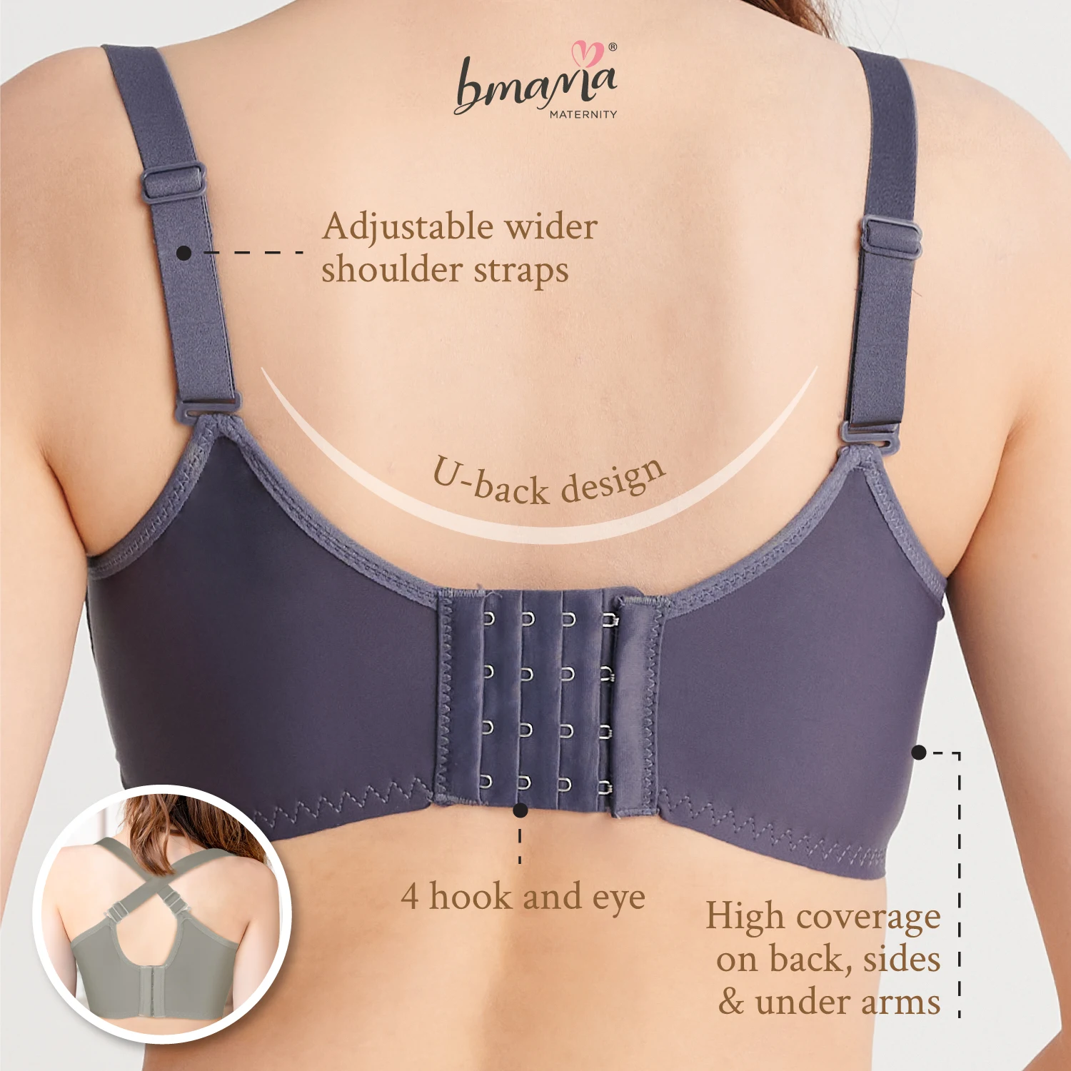 Breathable feature adjusted-straps type feeding bra Bmama Lupin Lace Nursing Bra with four hook-and-eye closure