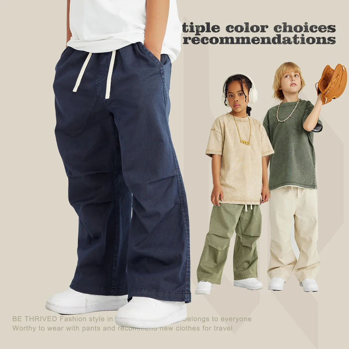 Factory New Arrival 100% Cotton Vintage Casual Washed Streetwear Long Pants for Kids Boys