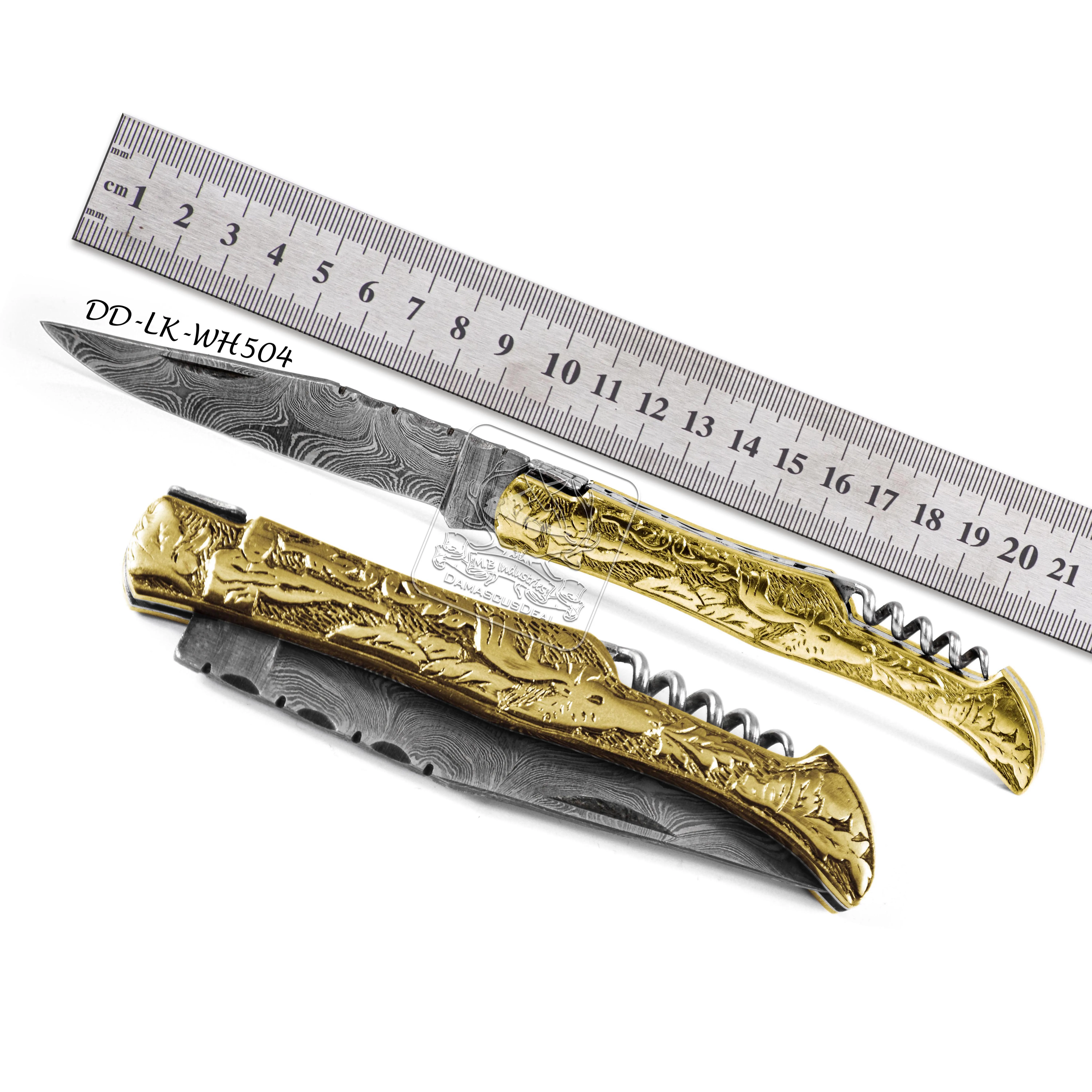 Wholesale Damascus Steel Laguiole Pocket Knife DD-LK-WH504 Engraved Stainless Steel, Brass and Copper Handle with Cow Leather