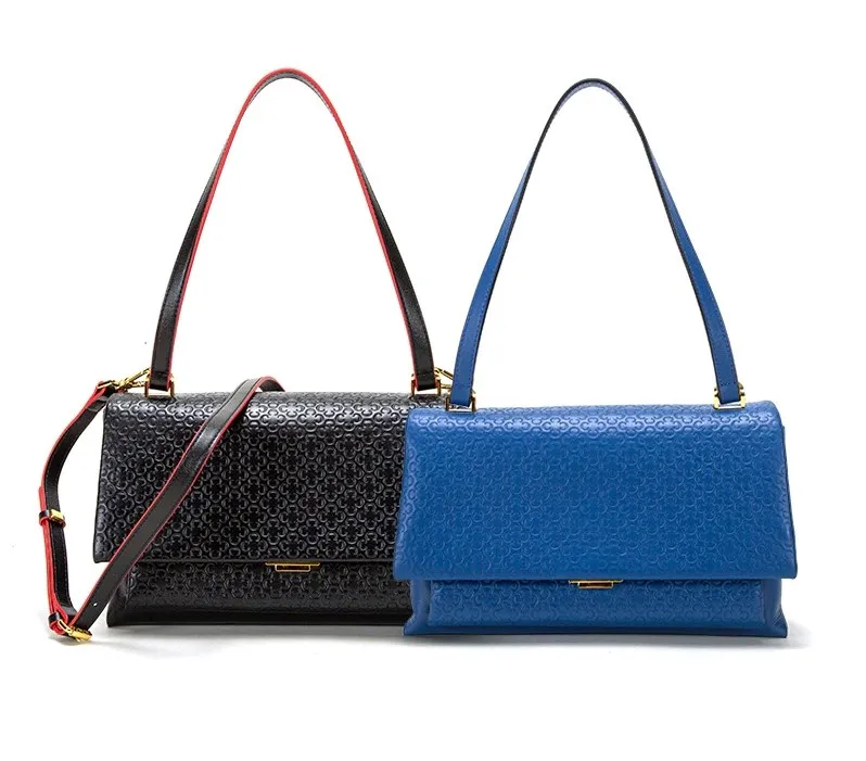 New Premium Women Handbag 100% Leather Soft C Shape Embossed Detachable Shoulder Strap Handbag for Women