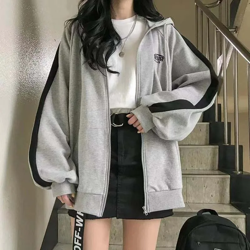 Harajuku Vintage Korean Hoodies Fashion Women Knitted Y2K Zipper Long Sleeve Oversized Streetwear Tops Casual Sweatshirts