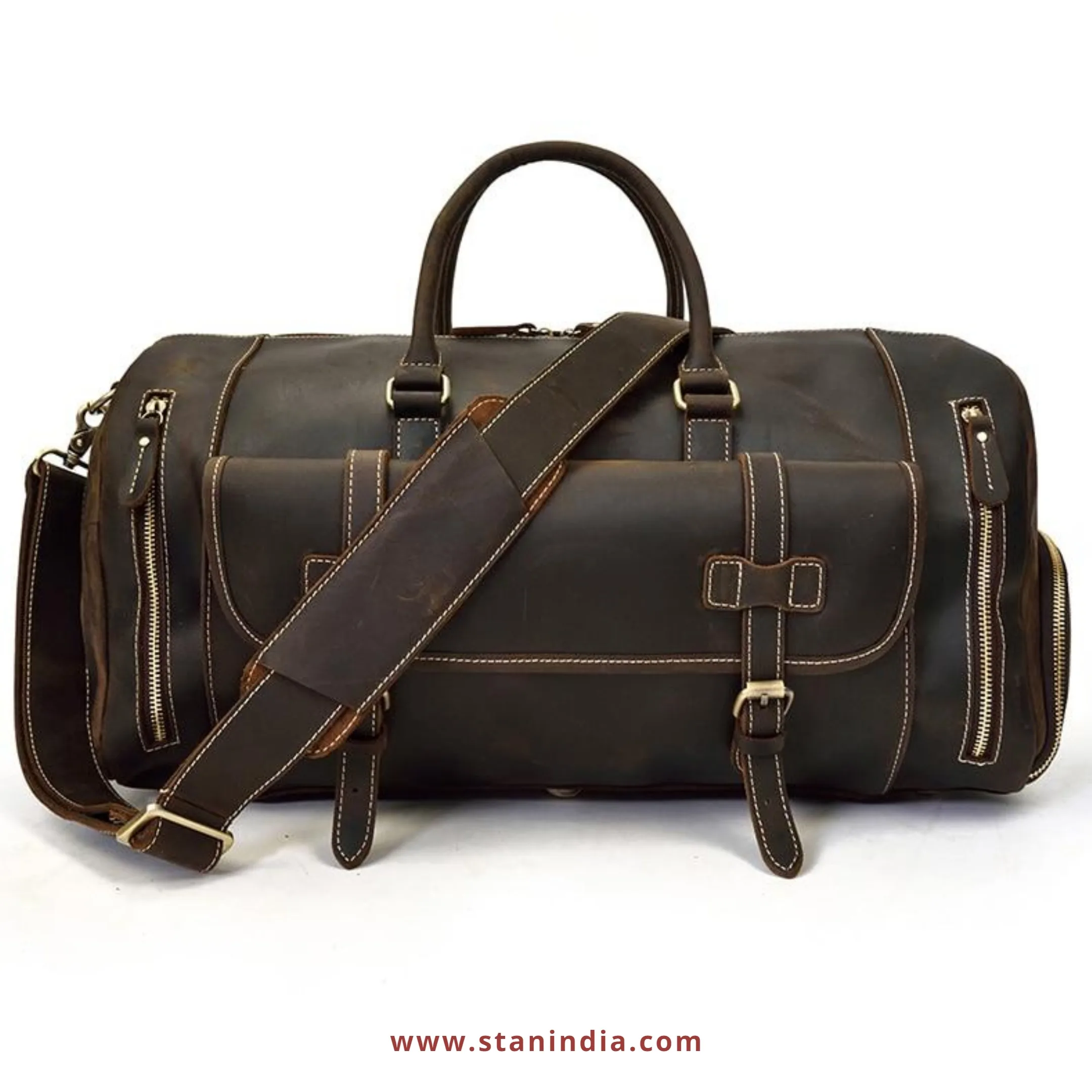 High-End Crazy Horse Genuine Leather Duffel Bag YKK Zipper Multiple Pockets Shoe Compartment Weekender Business Trips Gym Use