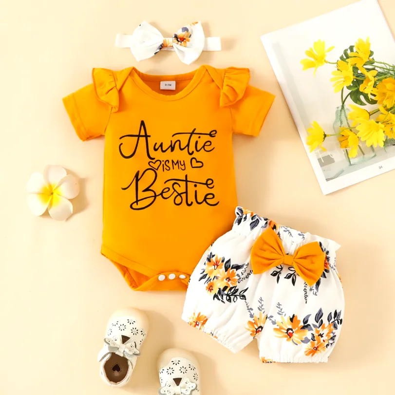 Baby Short Sleeve Triangle Romper Shorts Set Baby Girl Letter Summer Top Belt Flower Cute Pants