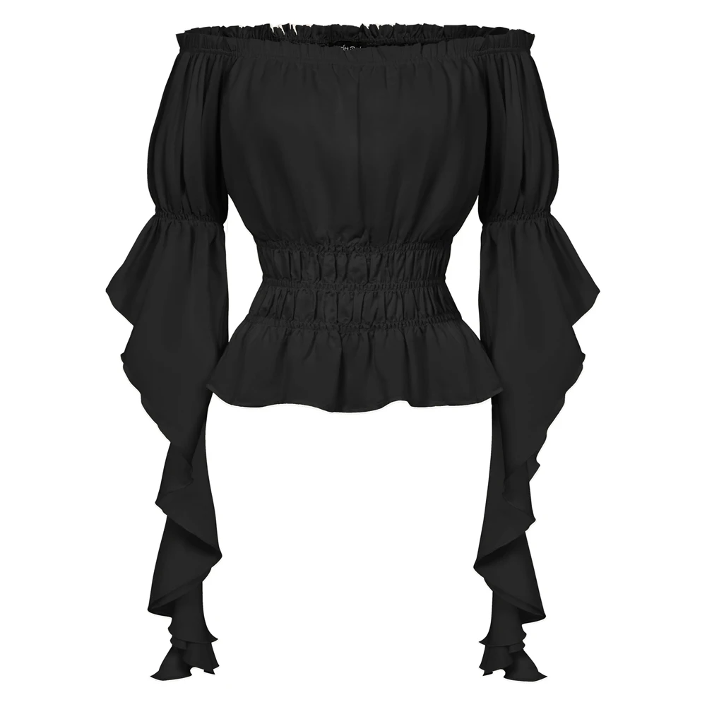 Women Renaissance Peasant Costume Peplum Top Ruffle Sleeve Off-Shoulder Shirts 3/4 Sleeve Elastic Waist Blouse