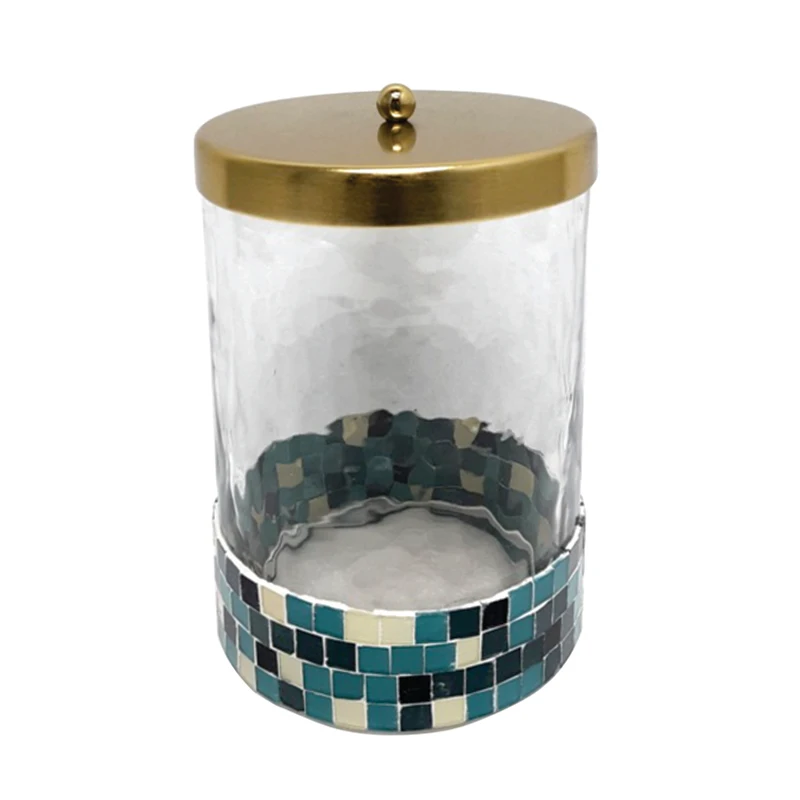 Kitchen & Tabletop Glass & Iron Round Box With LID Matt Nickel Plating With Silver Mosaic Large Size Storage Jars And Canisters