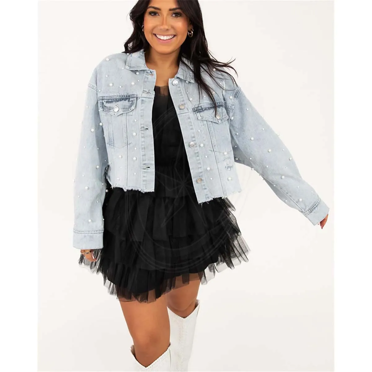 Women Cropped Rhinestones breathable Denim Jacket Long Sleeve Distressed Pearl Jean Jacket Coats