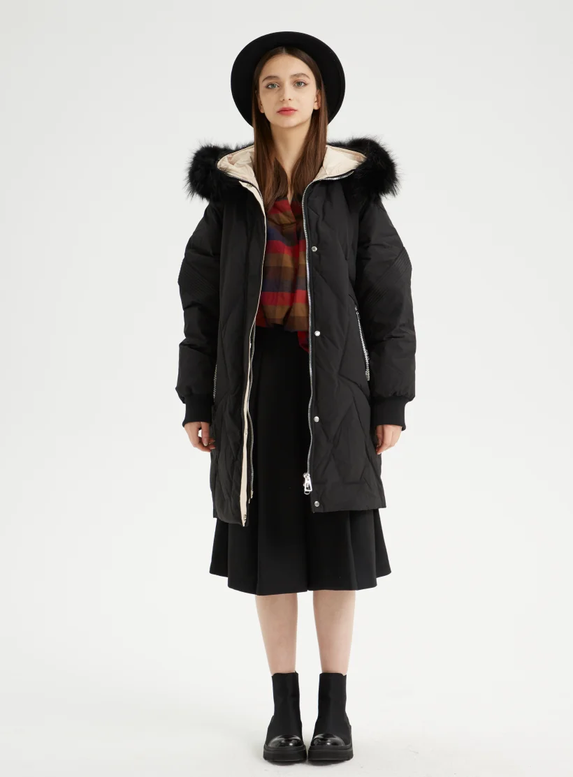 2024 OEM ODM Custom color Rubber logo Nylon Women Winter Duck Down Coat fur hoodie Women Long thick down jacket for Winter