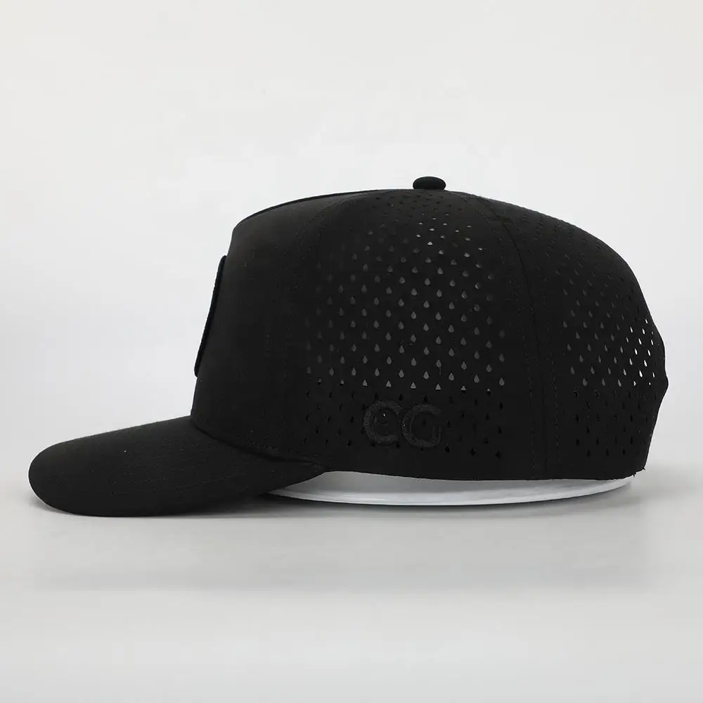 5 Panel Adjustable Waterproof Golf Cap Custom Pu Leather Logo Patch Laser Cut Hole Sun Protection Mesh