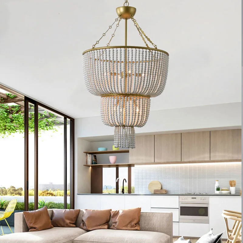 Customization American retro new style romantic warm wood bead boho artistic modern luxury lamp chandeliers & pendant lights