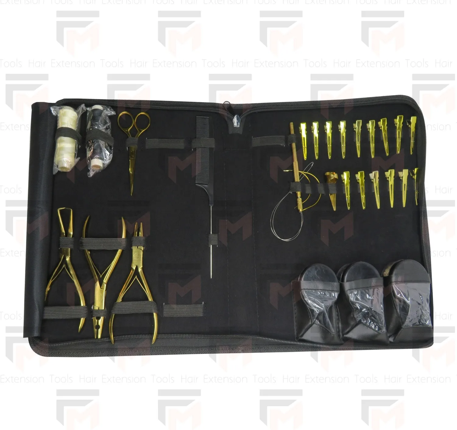 Synthetic Hair Extension Tools Clips Ring Small Scissor Multiple Plier Hook Loop Needle With Different Color Leather Case