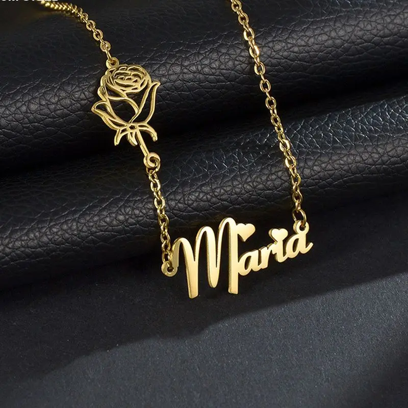 Custom Letter Silver Nameplate Customized Designs Flower Name necklace