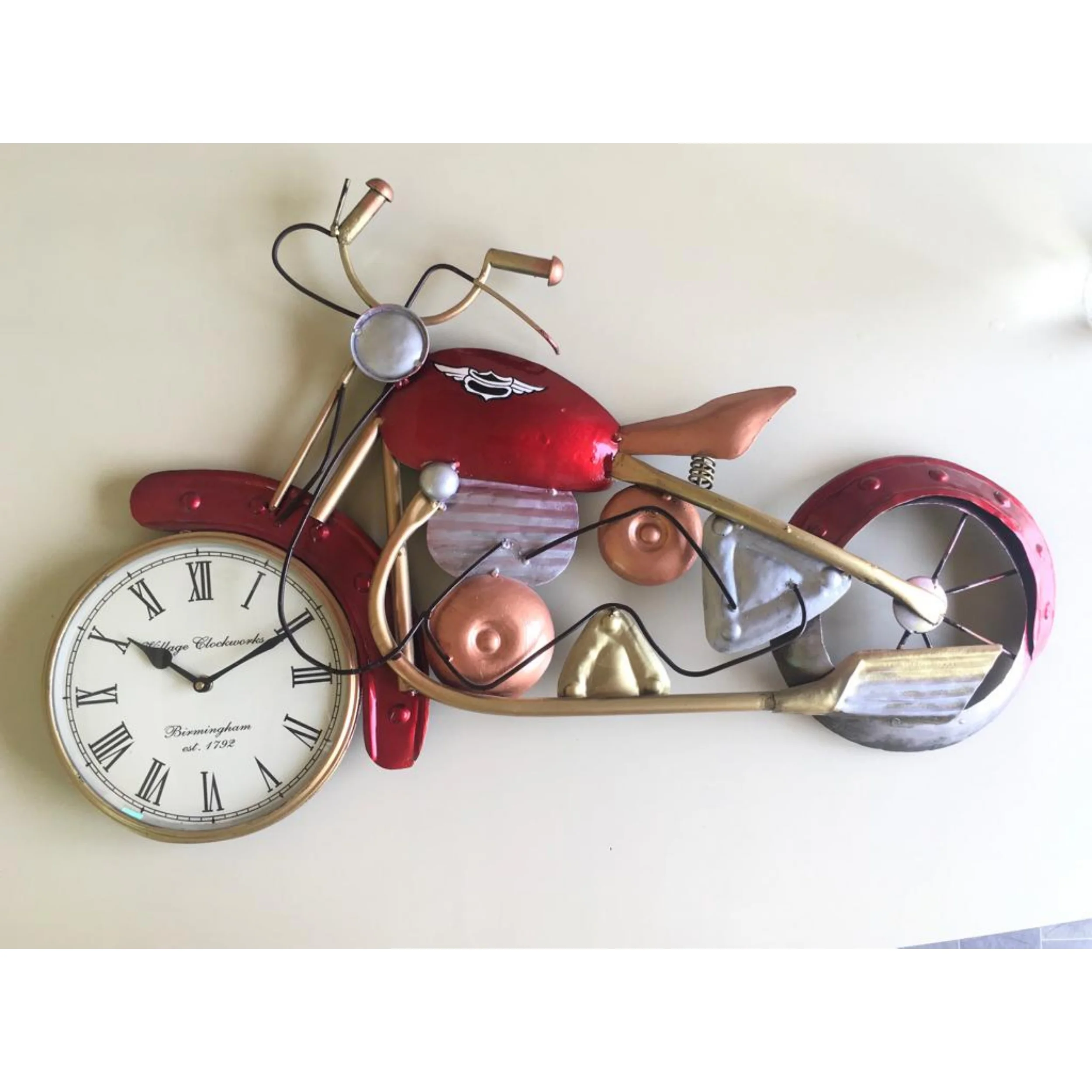 Modern Home Furnishing iron metal red colored bike Wall Decor with Clock Interior Decorative wall panel for home and office