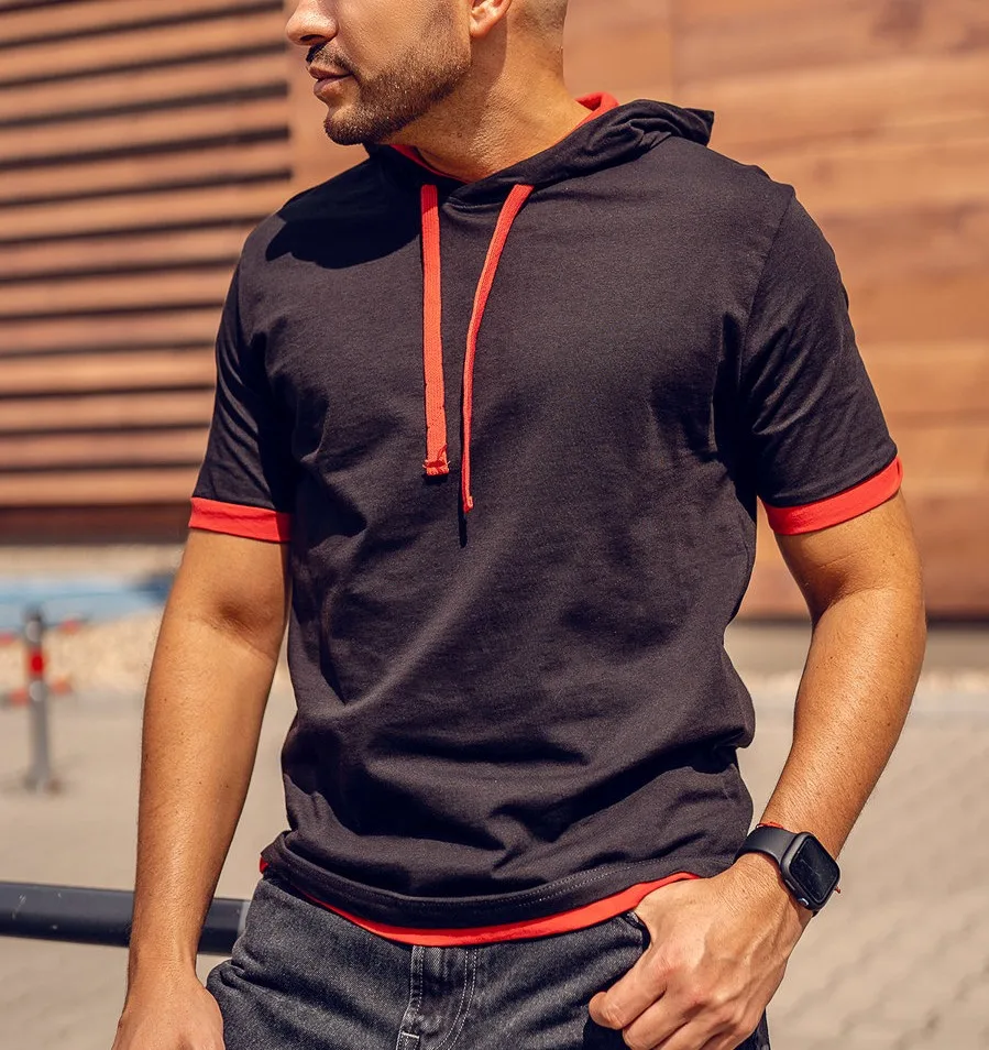 High quality cotton polyester white hooded t shirts for men custom logo black high quality hooded short sleeve sport t-shirts