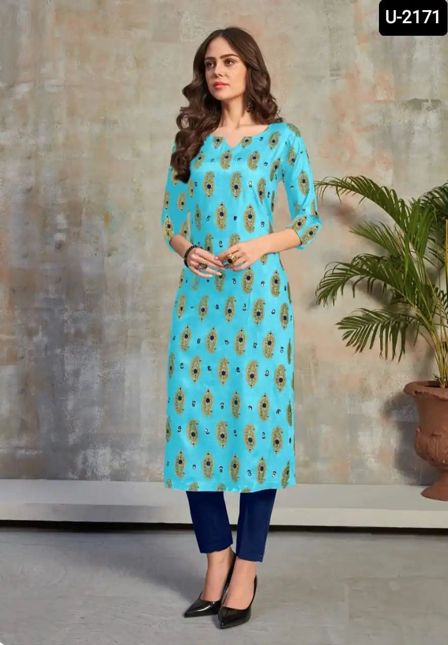 Indian Heavy Designer Style Heavy Rayon Foil Print Kurtis with Plus Size Available for Party Wear and Daily Casual Wear Kurtis