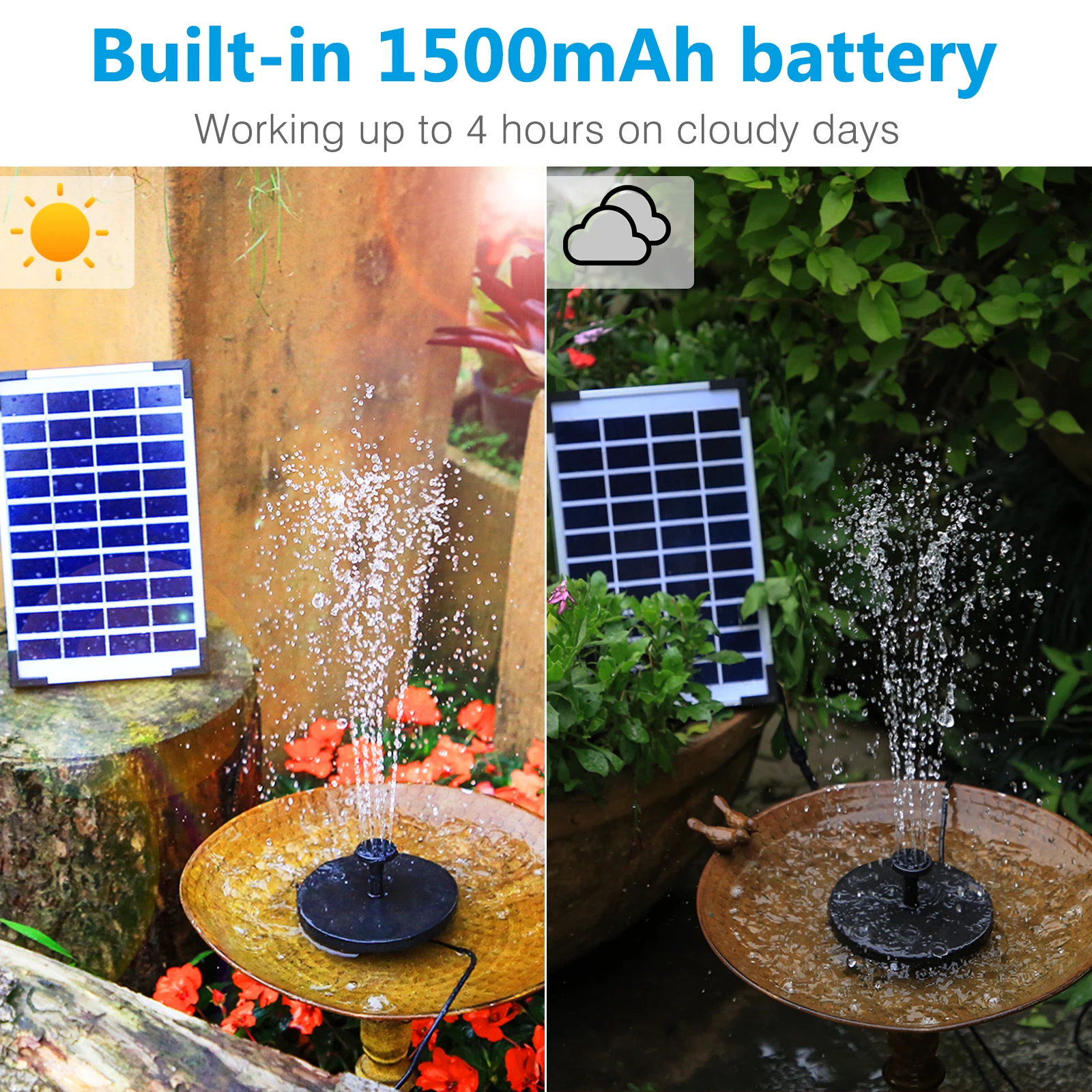 AISITIN 5.5W Solar Fountain Built-in 1500mAh Battery Free Standing Floating Solar Fountain for Bird Bath Garden Pond Outdoor