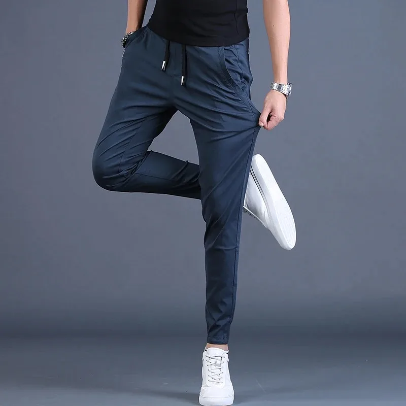Summer Casual Sport Joggers Pants Men Fashion Korean Style Blue Slim Fit Drawstring Trousers