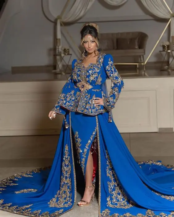 ZARI EMBROIDERY ON ROYAL BLUE JACKET, KARAKOU WITH TRAIL DRESS WITH Embellished WITH CRYSTAL GLASS BEADS,STONE,DABKA WORK@ 2023