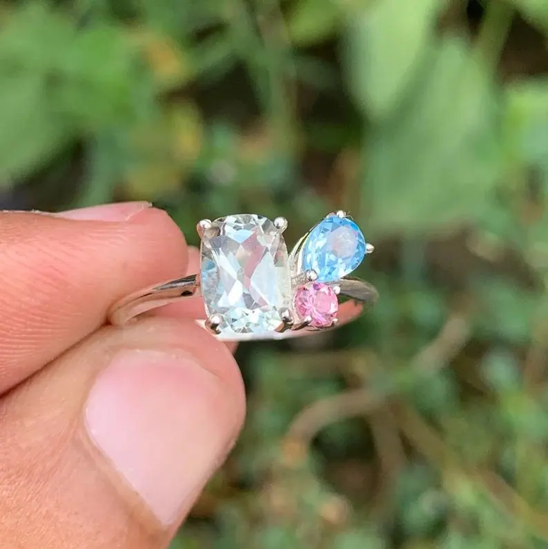 Green Amethyst Blue Topaz Pink Tourmaline Stone Multi Ring 925 Sterling Silver Unique Trendy Design Ring Wholesale Bulk