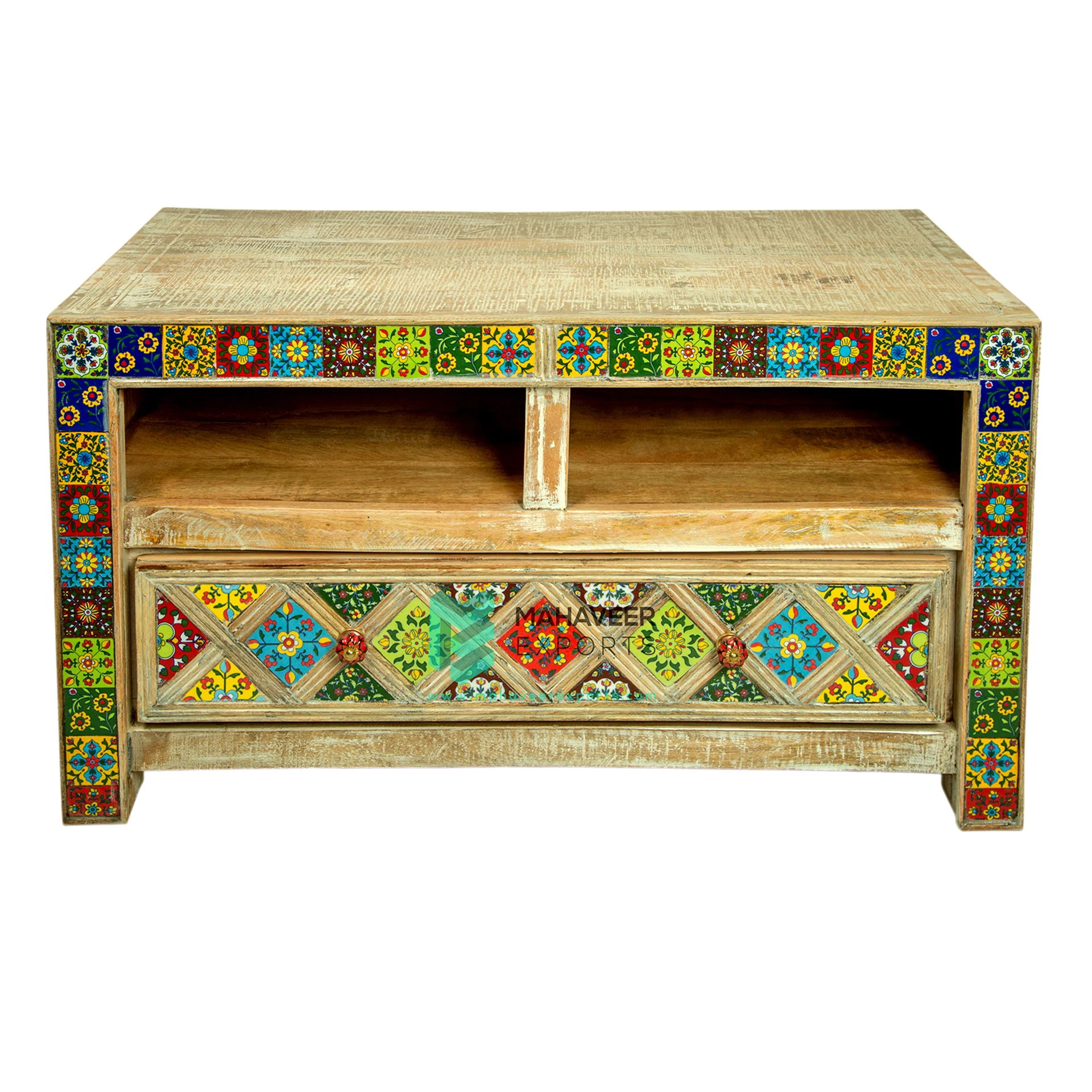 Wooden Ceramic Tiles Fitted One Drawer Plasma TV Stand In Natura Wood Finish For Living Room / Bedroom Modern Designed Furniture