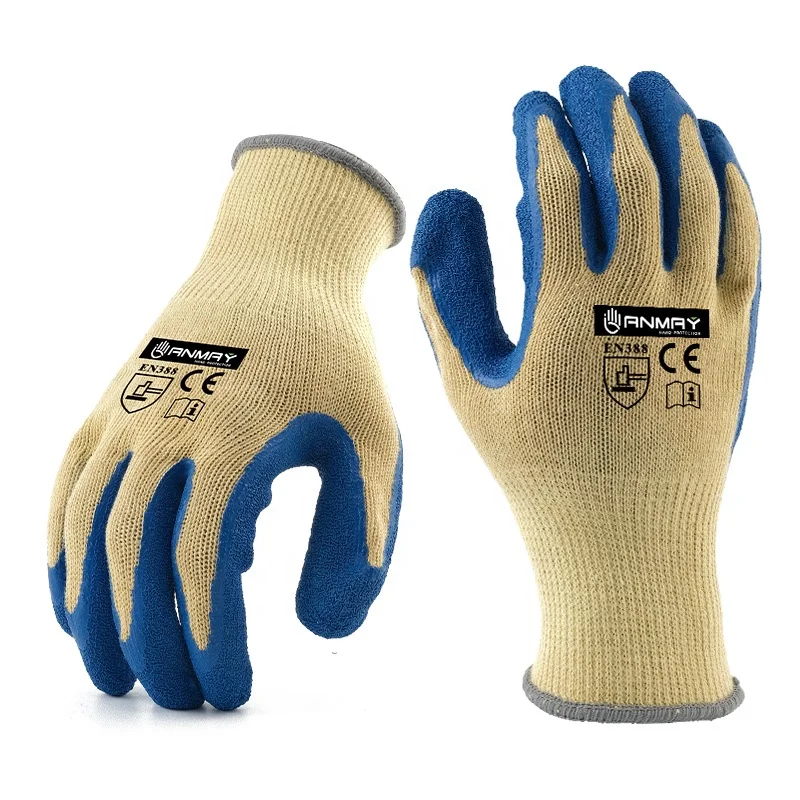 Heat Flame Resistant Burn Resistant Aramid 1414 Fiber ANSI A3 Anti Cut Level 5 Cut Resistant Blue Crinkle Latex Coated Gloves