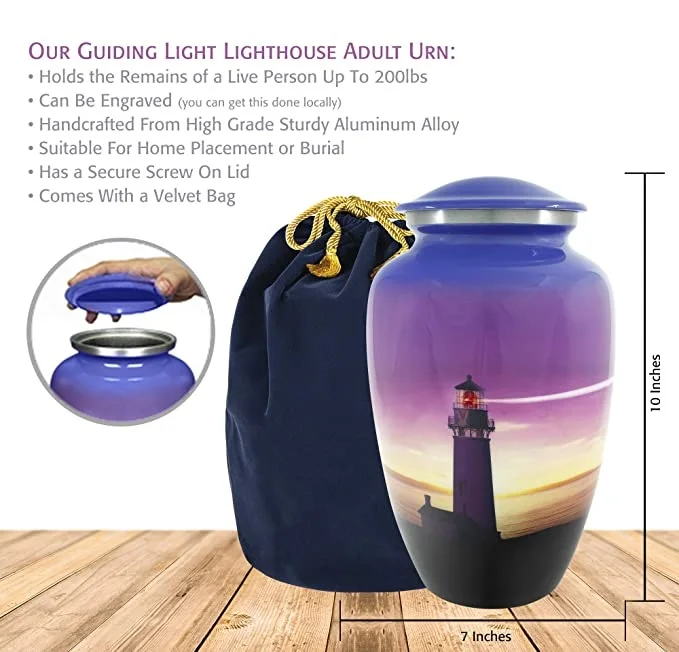 Hand Engraved Urn Light House Elegant Finish Handcrafted Cremation Burial Urns Human Ashes Adult Male Female upto 200 LBS